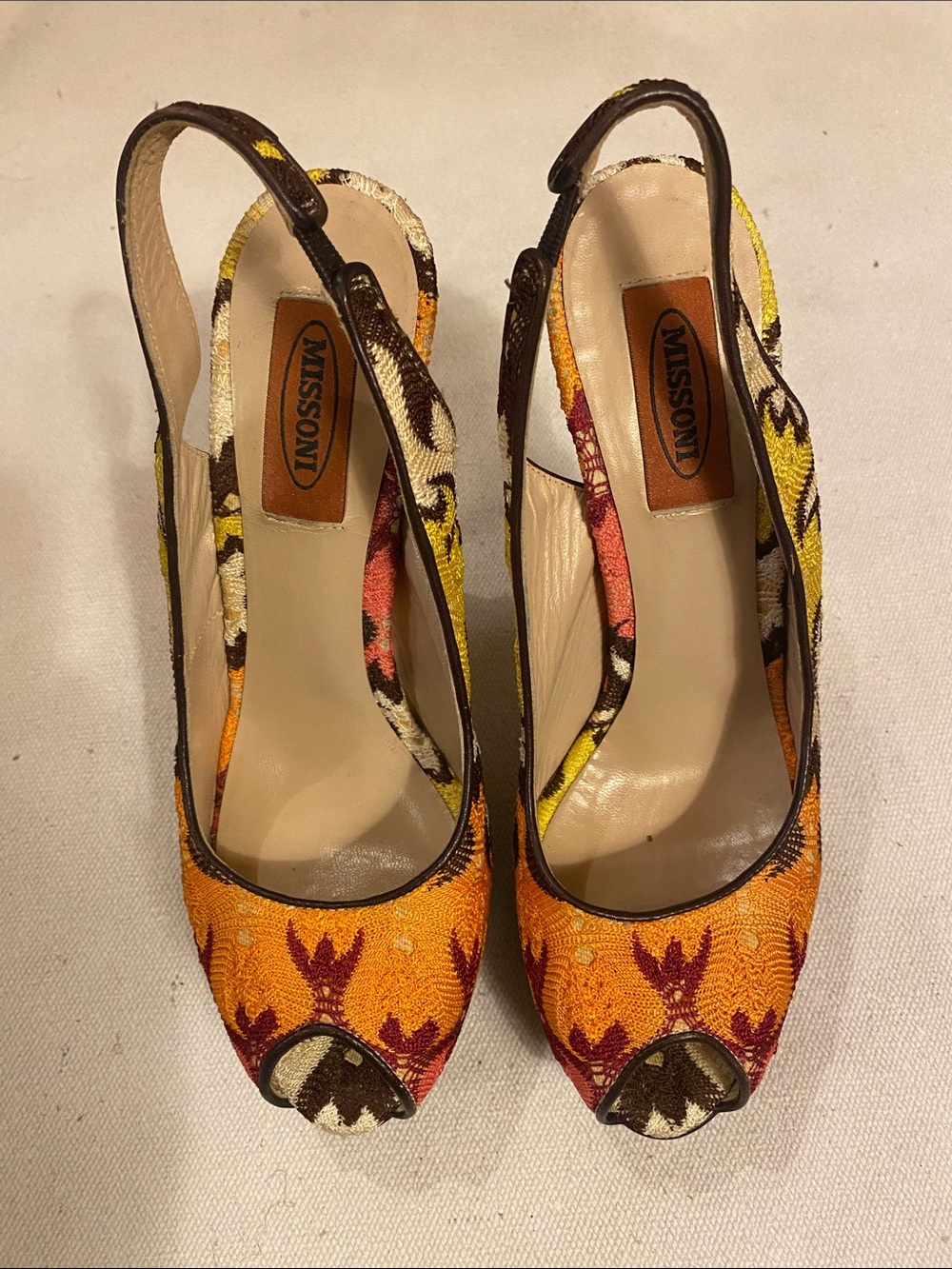 Missoni Orange and Yellow Patterned Slingback Peep-Toe Heels